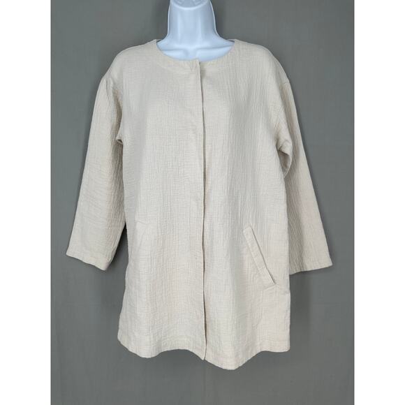 Eileen Fisher Jacket Women XS Cream Linen Cotton Button Crinkle Capsule Pockets - Picture 1 of 10